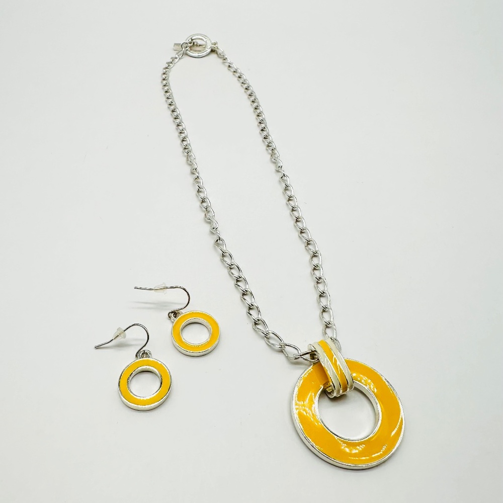 Chaps Round Yellow Enameled Silver Tone Necklace & Earrings Set